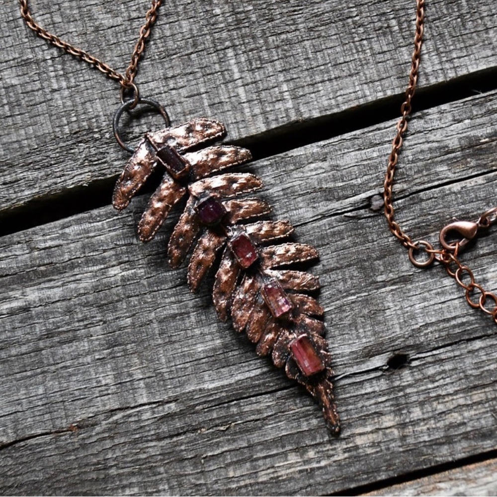 Copper Electroformed Tourmaline Crystal Pendant Necklace